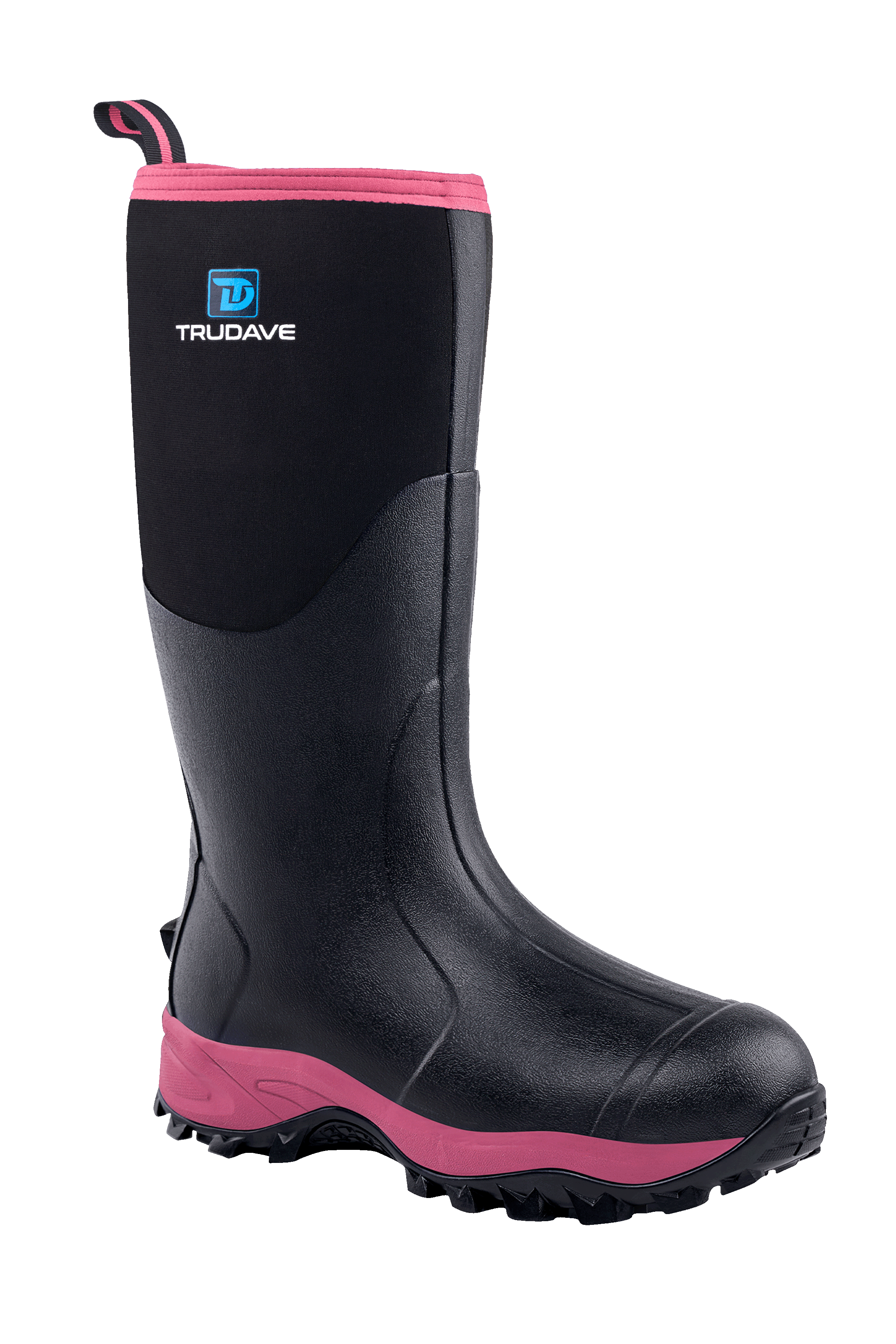 Side view of Trudave HeatHold Series women’s tall waterproof insulated rubber boots in black with pink trim showing durable waterproof shell and warm lining for rain and garden use